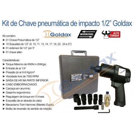 CHAVE DE IMPACTO 1/2" 690NM (69Kg) GOLDAX (c/ Kit de Soquetes)